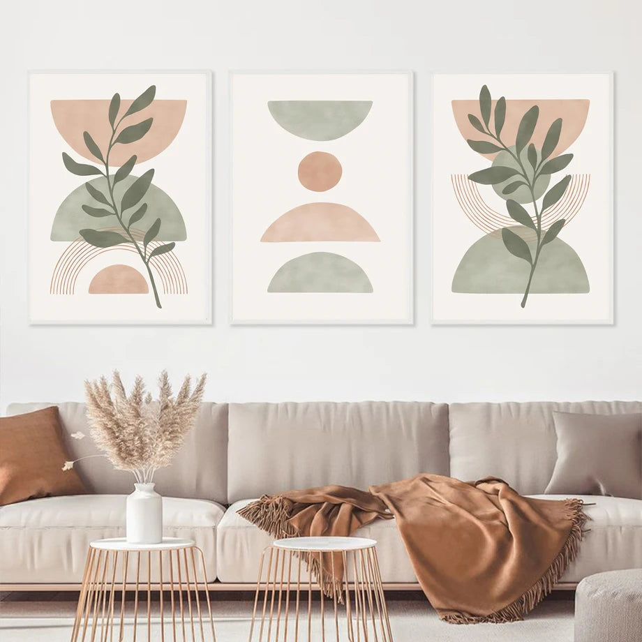 Boho Green Leaf Sun Rainbow Geometry Wall Art Canvas Painting Abstract Lines Posters And Prints Pictures For Living Room Decor